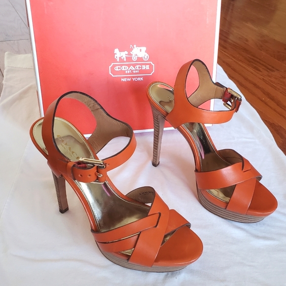 EUC Coach Orange Platform High Heels Shoes Sz 7 w/ Strappy Ankle Buckle with Box - Picture 2 of 16